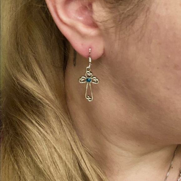 Sterling Silver Cross w/ Blue Bead Earrings - Picture 4 of 4